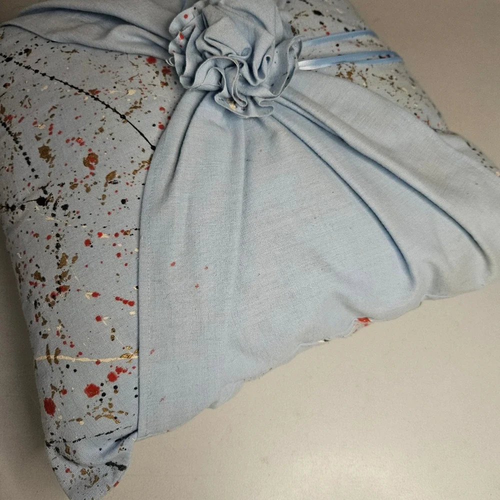 Handmade‎ Abstract Paint Splatter Throw Pillow Light Blue Rosette Accent 14x14